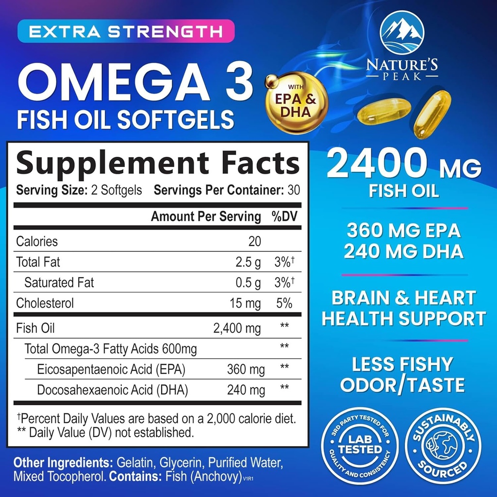 Omega 3 Fish Oil 2400 mg Supplement, Sustainably Sourced, Triple Strength Omega-3 Supplement Softgels, Brain Health Support, EPA & DHA Fish Oil Fatty Acids Supplements, Gluten & GMO Free, 60 Softgels 3