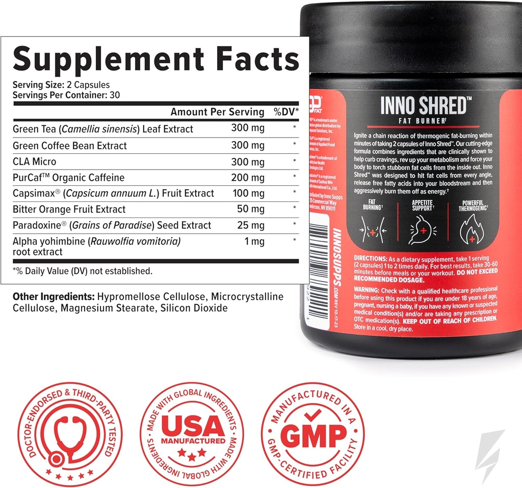 Inno Shred Fat Burner for Men and Women with 100mg Capsimax, Grains of Paradise, Organic Caffeine, Green Tea Extract, Appetite Suppressant, Weight Loss (60 Veggie Capsules) | (with Stimulant) 5