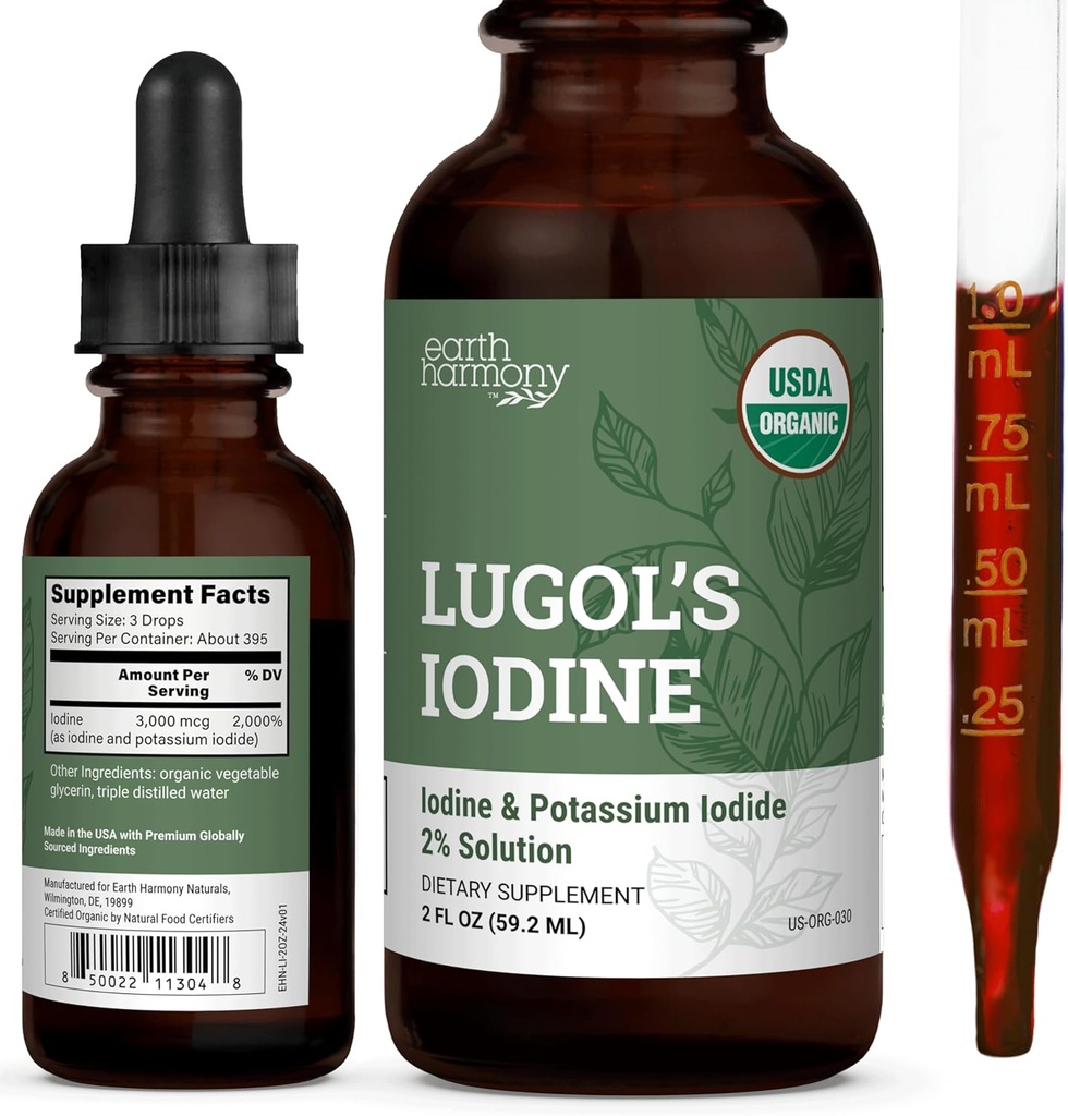 Organic Lugol's Iodine, Iodine and Potassium Iodide 2% Solution 3000 mcg - Liquid Supplement Drops for Thyroid Support for Women & Men, Metabolism Health, Detox Boost - Non-GMO, 395 Servings (2 Oz) 2