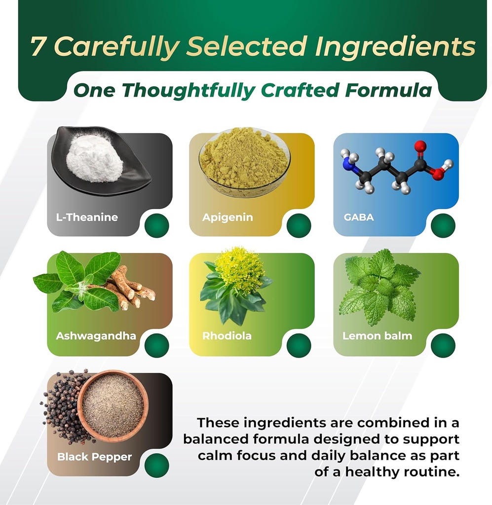 GriMed L-Theanine 11,900mg- X10 Power with Apigenin, GABA Ashwagandha, Rhodiola - Relaxation & Restoration Focus and Memory - Made in USA (150 Count (Pack of 1)) 6