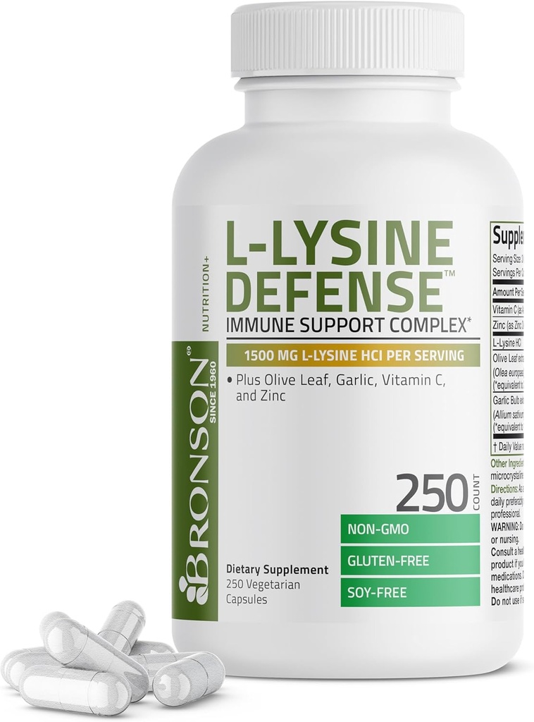 Bronson L-Lysine Defense Immune Support Complex 1500 MG L-Lysine Plus Olive Leaf, Garlic, Vitamin C and Zinc - Non-GMO, 250 Vegetarian Capsules 2