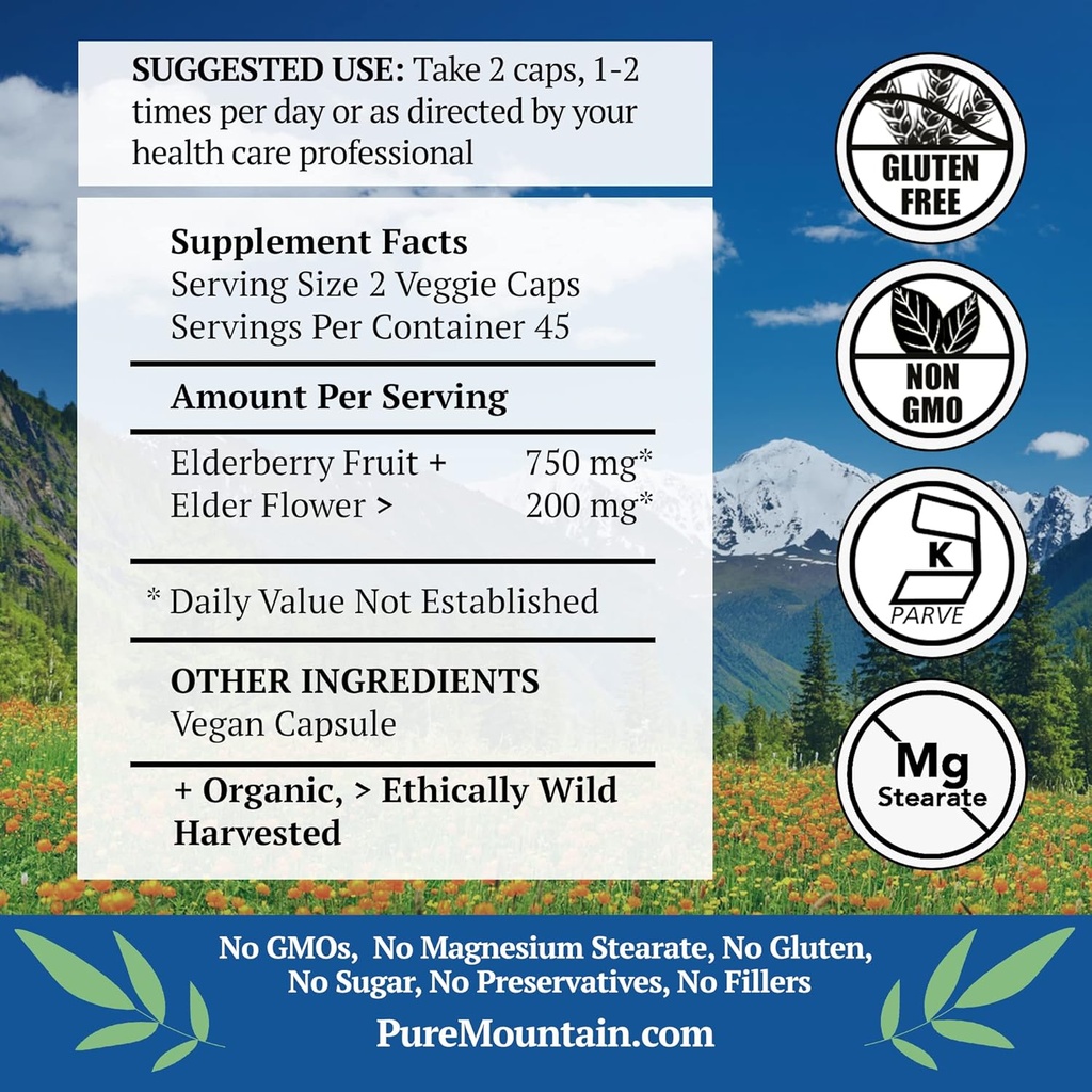 Pure Mountain Botanicals Elderberry Supplement - Vegan Kosher Capsules with 750mg Organic Elderberry and 200mg Elderflower 3