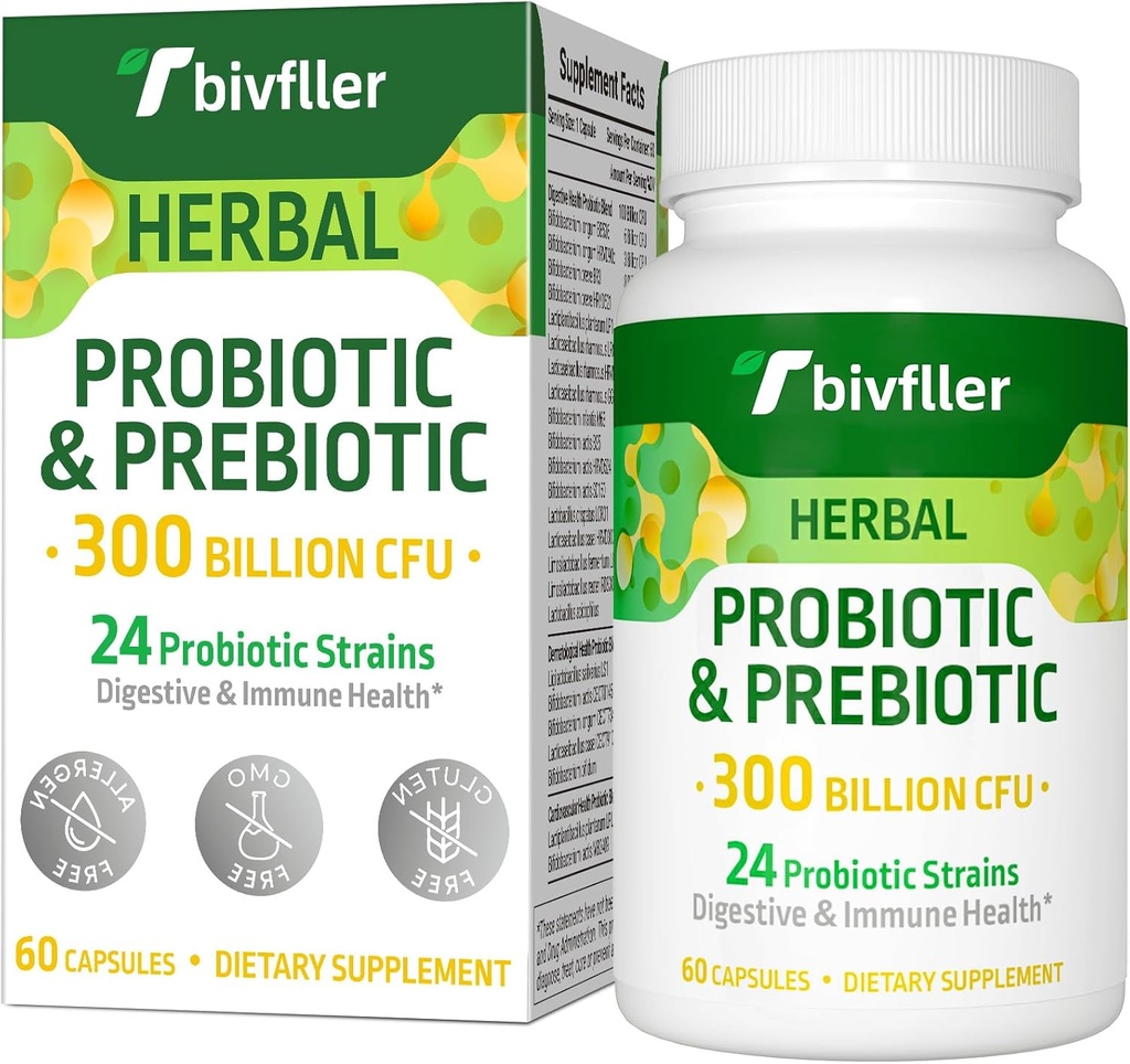 Probiotics for Women Men- 300 Billion CFU, 24 Strains Probiotic+15 Organic Herbs Prebiotics Blend, Pre and Probiotics, for Digestive Health, Immune & Gut, Diarrhea, Bloating, Vegan, 2 Month Supply 2