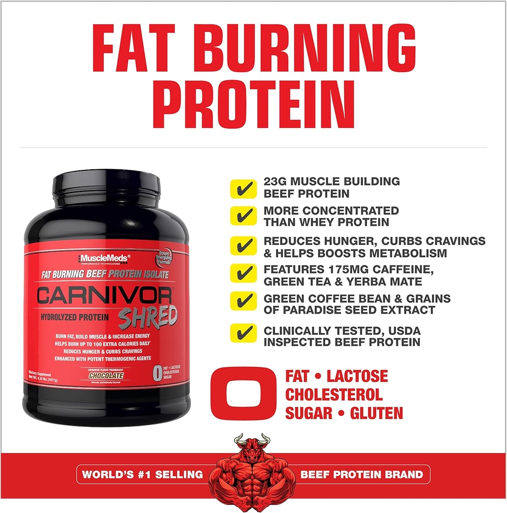 MuscleMeds Carnivor Shred Fat Burning Hydrolized Beef Protein Isolate, 0 Lactose, 0 Sugar, 0 Fat, Chocolate, 4.35 lbs 4