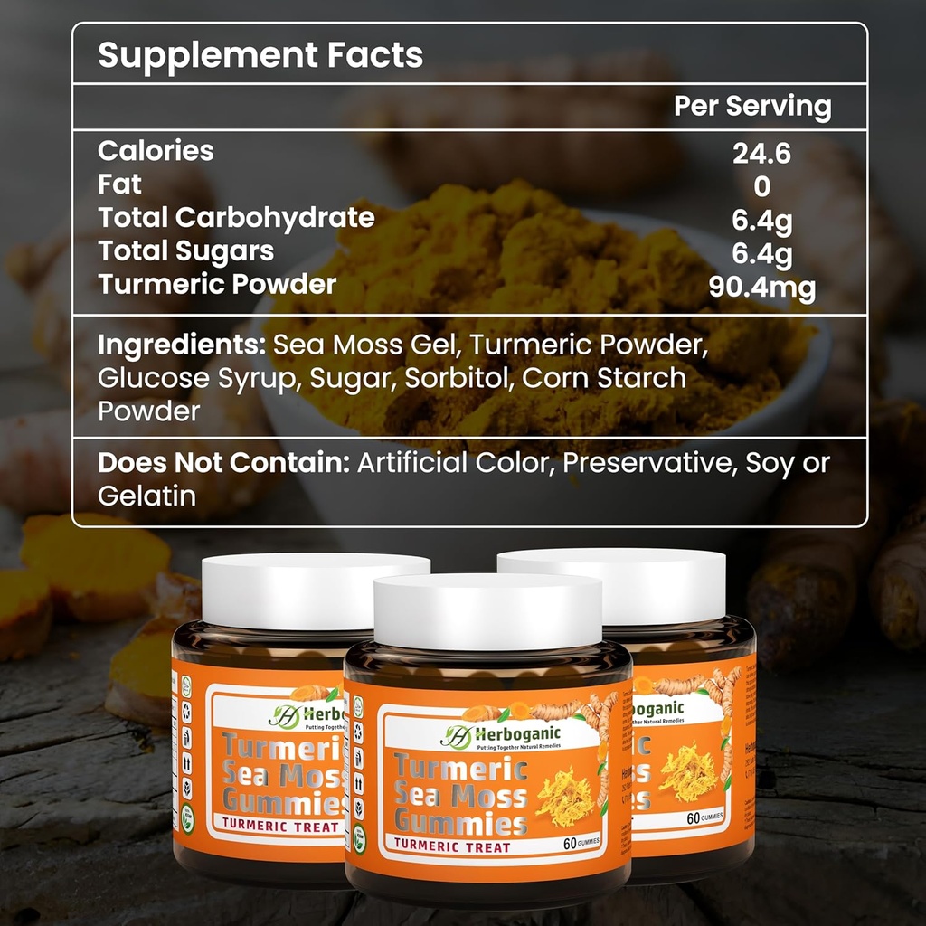 HERBOGANIC Turmeric Sea Moss Gummies - Natural Dietary and Herbal Supplement for Skin and Energy Support with Sea Moss, Boost Immune System - 60 Gummies 3
