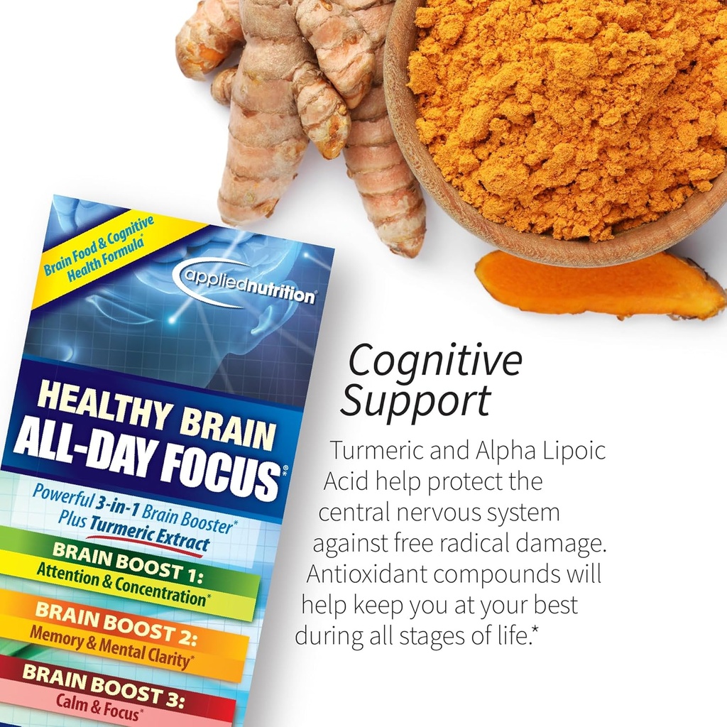 Applied Nutrition Healthy Brain All-Day Focus - 50 Tablets, Pack of 2 - Powerful 3-in-1 Brain Booster with Turmeric Extract - 50 Total Servings 6