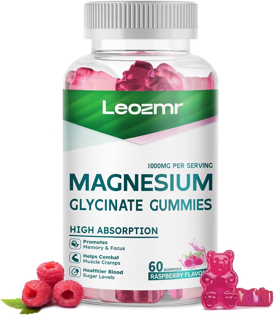 Magnesium Glycinate Gummies 1000mg - Sugar Free Magnesium Potassium Supplement with Vitamin D, B6, CoQ10 for Calm Mood & Sleep Support - 60Raspberry Gummies 2