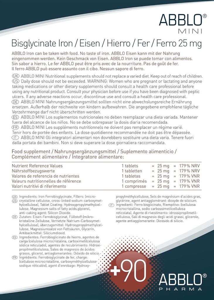 25mg. ABBLO Iron Bisglycinate is Very Gentle on The Stomach, and can be Taken with Food and Calcium Tablets. 6