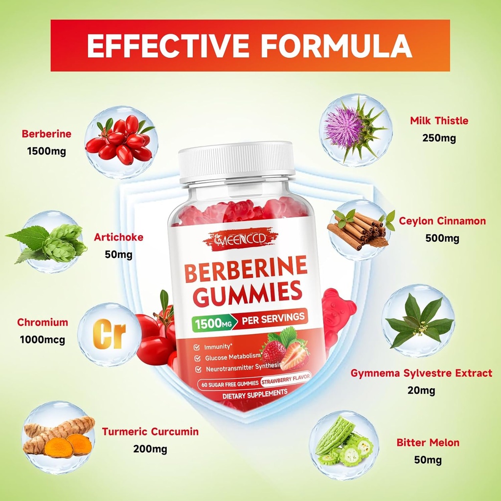 2 Pack Berberine Gummies with Ceylon Cinnamon 1500mg High Potency Berberine HCL Supplement for Immune Support,Sugar Free, Vegan, Strawberry Flavor, 120 Count 5