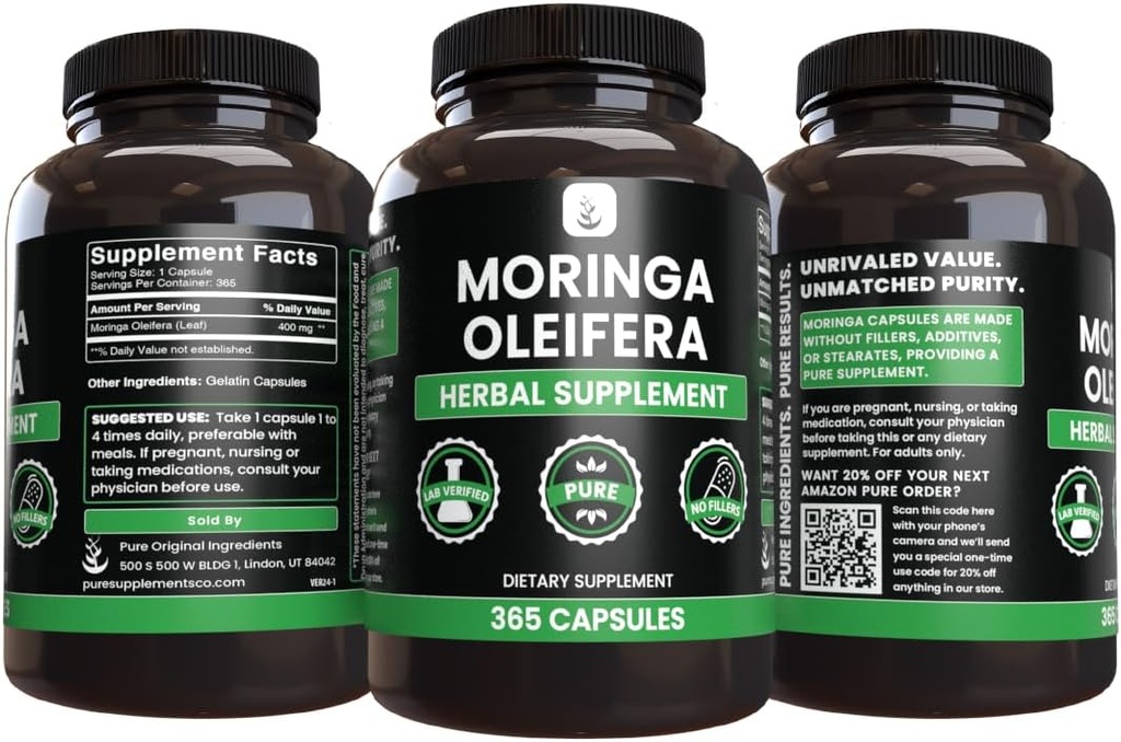 Pure Original Ingredients Moringa (365 Capsules) No Magnesium Or Rice Fillers, Always Pure, Lab Verified 5