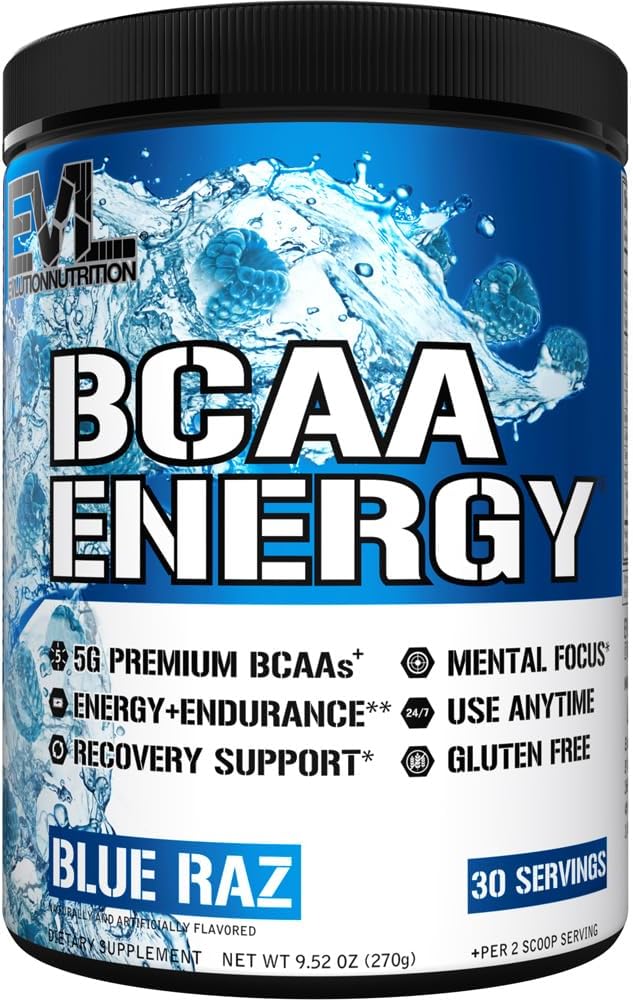 EVL BCAAs Amino Acids Powder - BCAA Energy Pre Workout Powder for Muscle Recovery Lean Growth and Endurance - Rehydrating Post Workout Recovery Drink with Natural Caffeine - Blue Raz 2