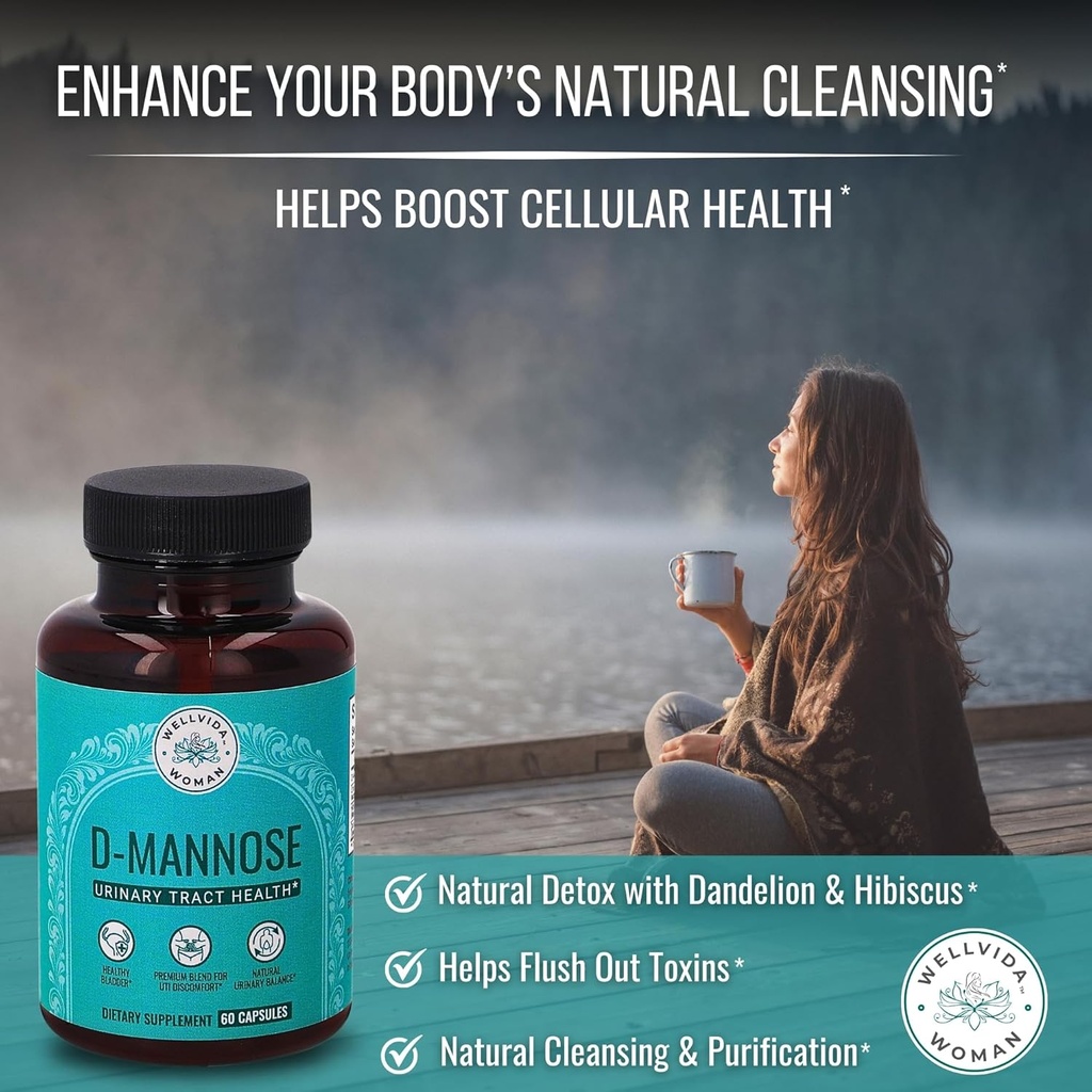 Natural D Mannose 1000mg Capsules | Antioxidant-Rich Cranberry Supplement with Hibiscus & Dandelion | 4-in-1 DMannose Pills for Urinary Tract Health for Women | Clear UTI Support | 30-Day Supply 4