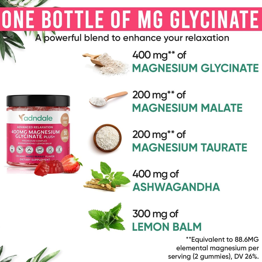 Adndale 180 CT Magnesium Glycinate Gummies 400 mg/Serv, with Ashwagandha, Magnesium Malate & Taurate, Sugar Free Chews for Adults & Kids. 3
