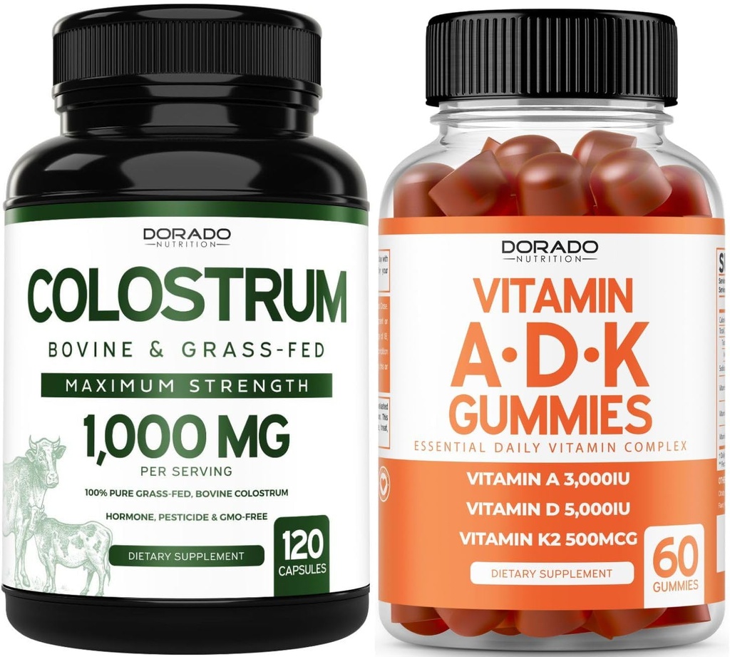 Colostrum (120 Count) Bovine Colostrum Capsules Supplement for Adults and ADK Vitamin D3 (60 Gummies) D & K - 10 Vegan Supplement - Delicious Raspberry Flavor - Non GMO Third Party Tested - USA Made 2
