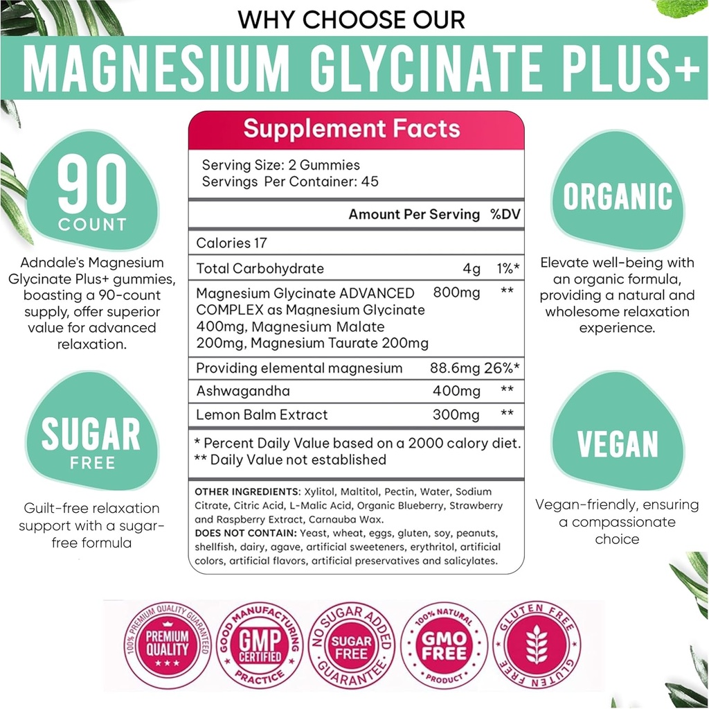 Adndale 180 CT Magnesium Glycinate Gummies 400 mg/Serv, with Ashwagandha, Magnesium Malate & Taurate, Sugar Free Chews for Adults & Kids. 5