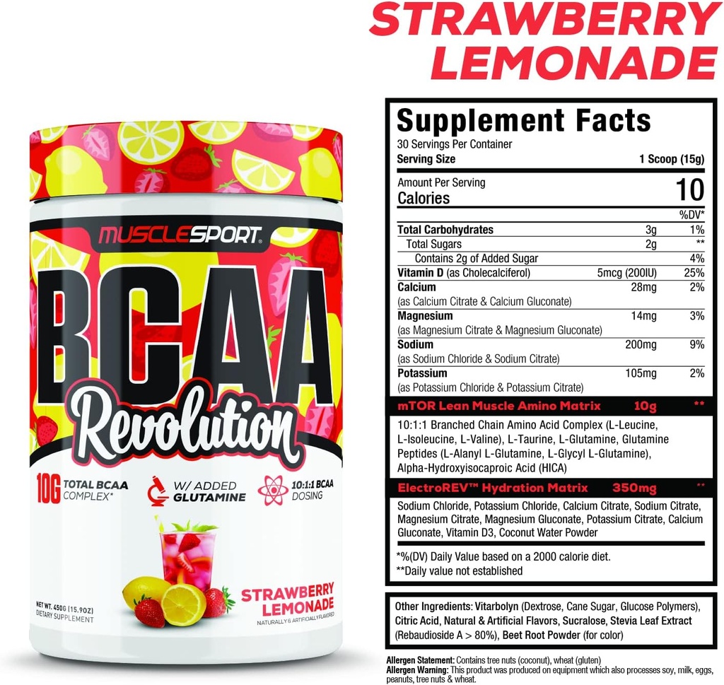 Musclesport BCAA Revolution Amino Acid Powder Supplement for Men & Women - Intra Workout Training Complex - Recovery Supplemen (Strawberry Lemonade, 30 Servings) 5