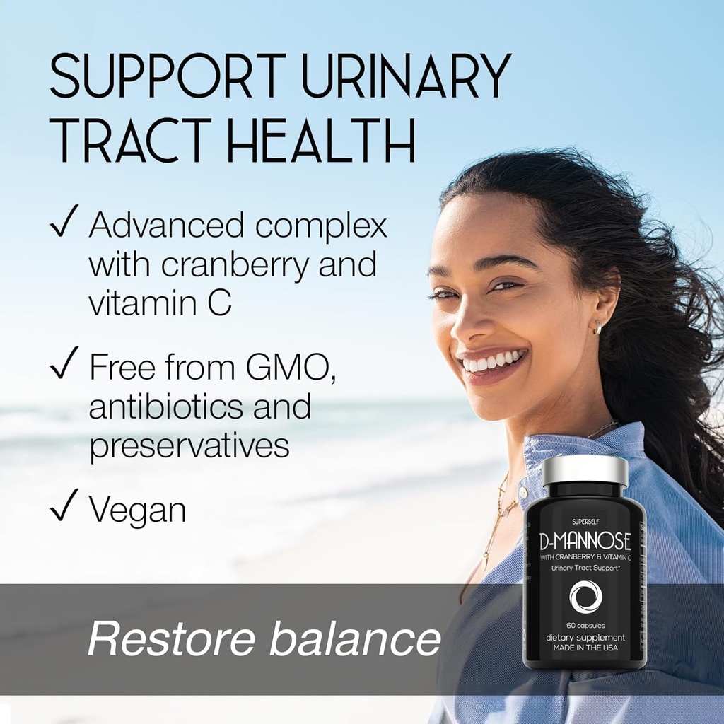 D-Mannose 1000mg Capsules - D Mannose with Cranberry Extract and Vitamin C - 60 Capsules 500mg High Strength - Urinary Tract Health for Women & Men - Vegan & Non-GMO - Fast-Acting Natural UTI Support 3
