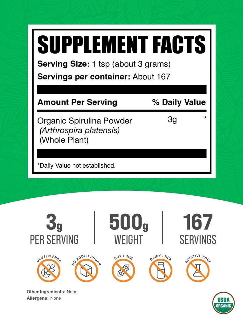 BulkSupplements.com Organic Spirulina Powder - Superfood, Green Spirulina Powder, Herbal Supplement - Vegan-Friendly, 3g per Serving, 500g (1.1 lbs) (Pack of 1) 5