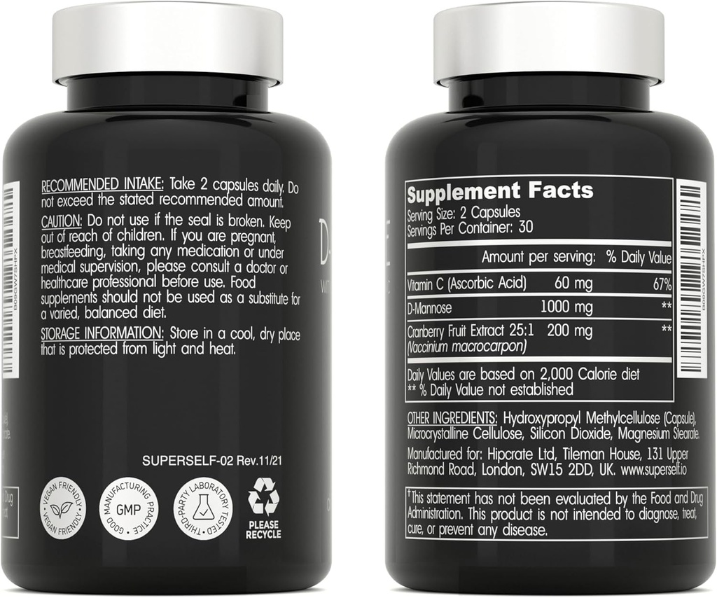 D-Mannose 1000mg Capsules - D Mannose with Cranberry Extract and Vitamin C - 60 Capsules 500mg High Strength - Urinary Tract Health for Women & Men - Vegan & Non-GMO - Fast-Acting Natural UTI Support 4
