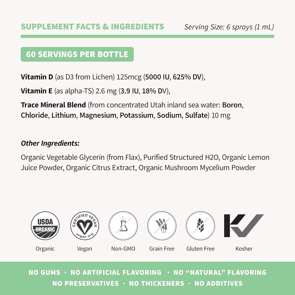 Sprout Living Organic Vitamin D3 5000 IU (Lichen) Spray for Immune Support & Bone Health | Trace Minerals with Real Lemon & Citrus Extract, Sugar Free (2 FL OZ, 60 Servings) 6