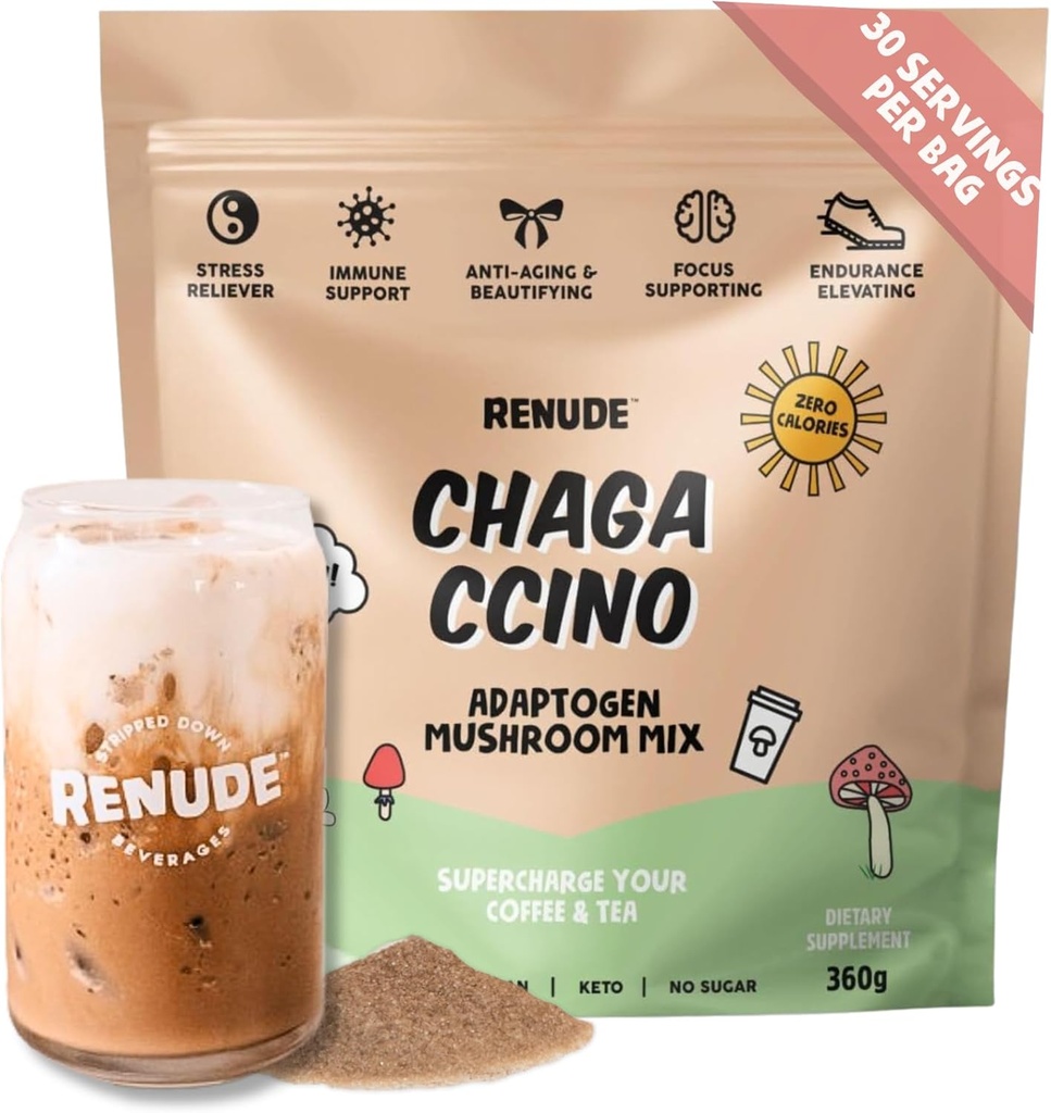 Renude Chagaccino - Chaga Mushroom Powder, Mushroom Coffee Drink Mix with Adaptogens, Natural Energy and Immune Support, Vegan, Keto, Zero Calorie Mushroom Blend Powder - 30 Servings 2