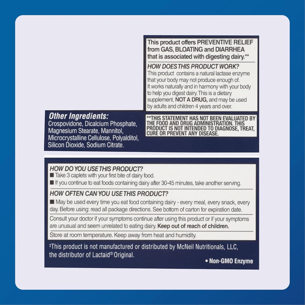 Dairy Aid Lactase Enzyme Caplets Generic for Lactaid Original 120 Ea. 6