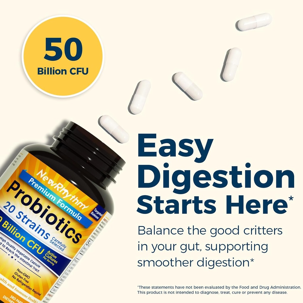 NewRhythm Probiotics 50 Billion CFU 20 Strains, 120 Veggie Capsules, Targeted Release Technology, Stomach Acid Resistant, No Need for Refrigeration, Non-GMO, Gluten Free 3