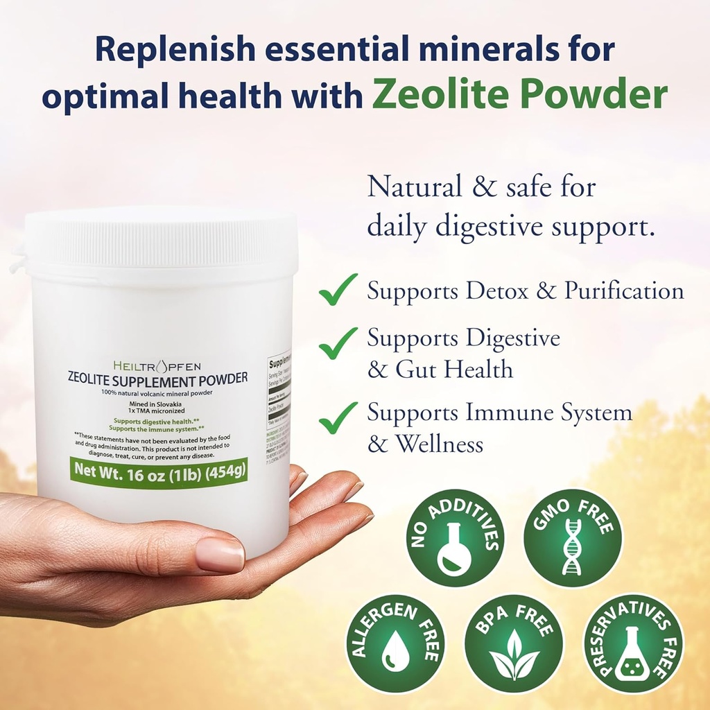 Heiltropfen Zeolite Powder | Dietary Supplement 1 Pound - 454 g | Detox | Clinoptilolite 94+-3% | Activated | Natural Mineral Dust | Ultra FINE Less-Than 2 µm 5