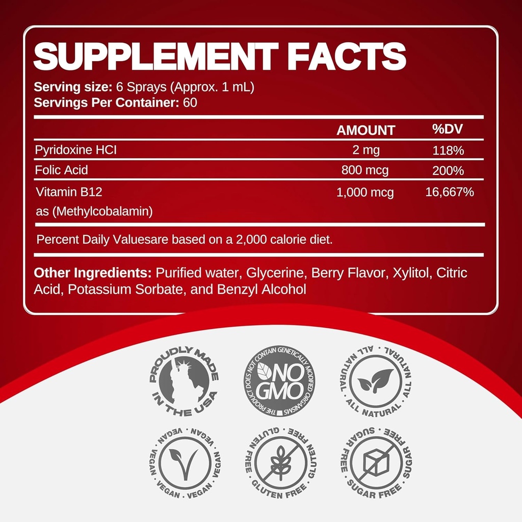 Vitamin B12 Energy Spray, Methylcobalamin with Folic Acid Sublingual Liquid Complex for Focus, & Metabolism, Nano Technology Instant Absorption and Custom Dosage (4 oz - 120 Servings) 3