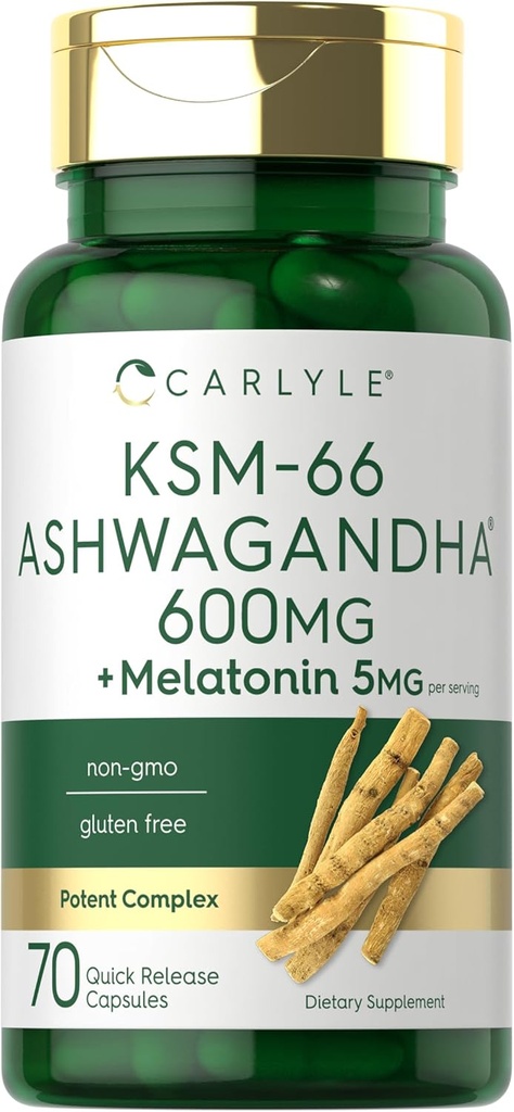 Carlyle KSM-66 Ashwagandha Capsules 600mg | 70 Count | with Melatonin 5mg | Potent Complex | Non-GMO, Gluten Free 2