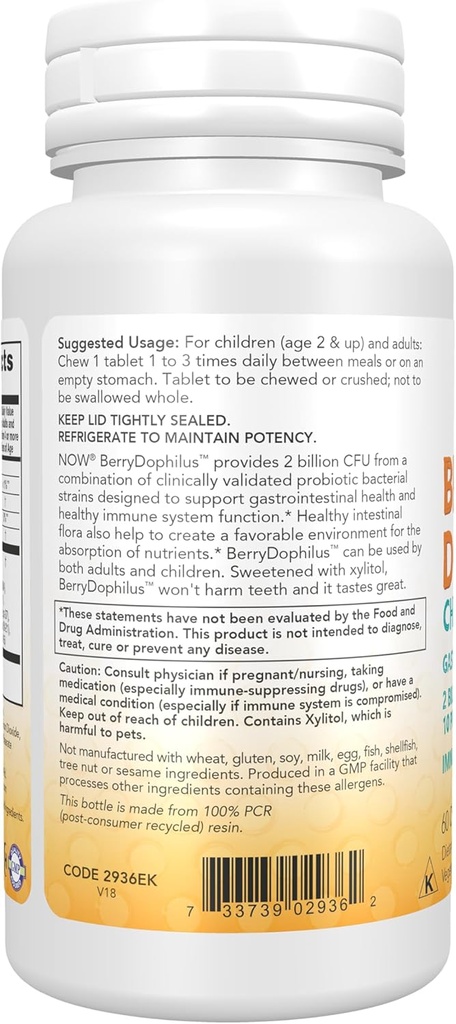 NOW Foods Supplements, BerryDophilus™ with 2 Billion, 10 Probiotic Strains, Xylitol Sweetened, Strain Verified, 60 Chewables, packaging may vary 4