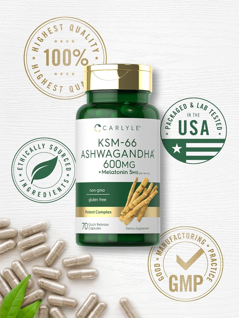 Carlyle KSM-66 Ashwagandha Capsules 600mg | 70 Count | with Melatonin 5mg | Potent Complex | Non-GMO, Gluten Free 6