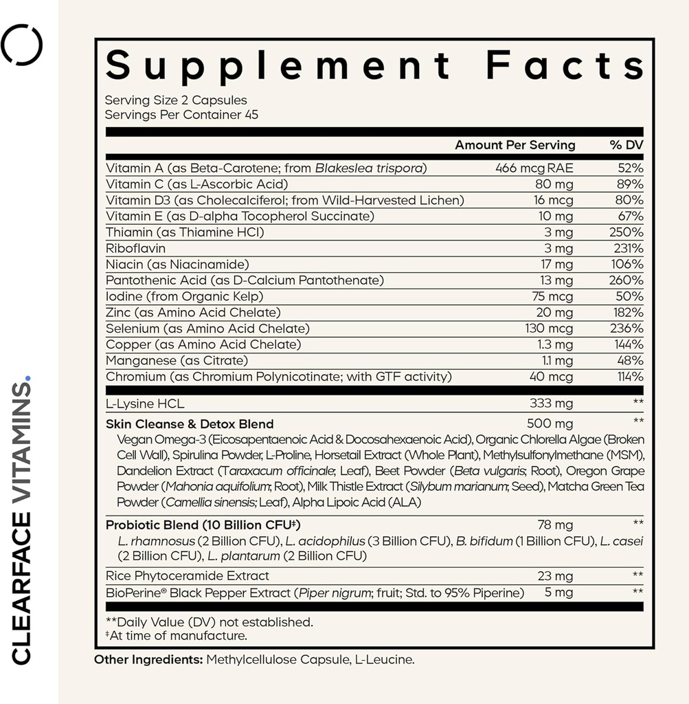 Codeage Clearface Pantothenic Acid, Niacin Supplement, Vitamins A, C, D3, E, Probiotics, Zinc, Riboflavin, Thiamin, L-Lysine HCL & Omega-3, Niacinamide, Skin Botanical Blend - Non-GMO - 90 Capsules 3