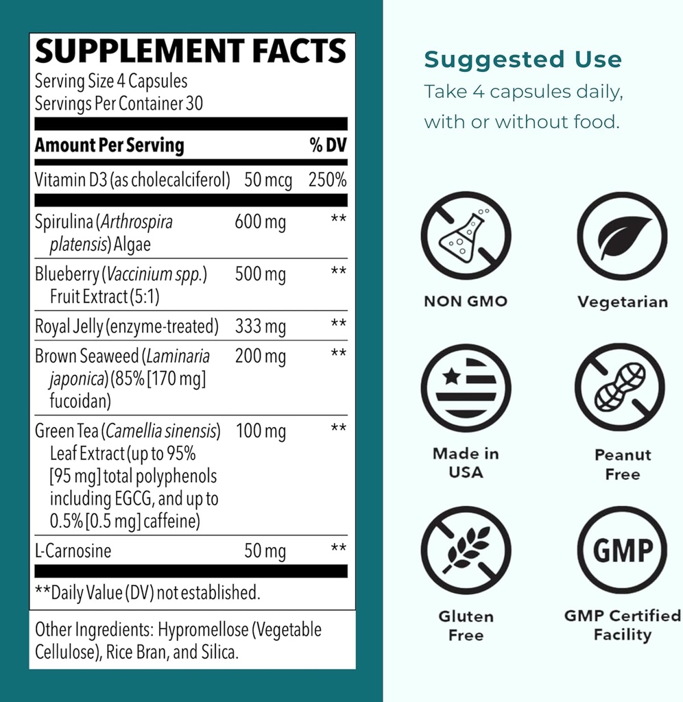 LifeSeasons Stem Boost-R - Stem Cell Support - Naturally Repair Damaged Tissue - Vitamin Supplement Rich in Antioxidants - Royal Jelly, Spirulina, Blueberry, Brown Seaweed & L-Carnosine - 120 Capsules 5