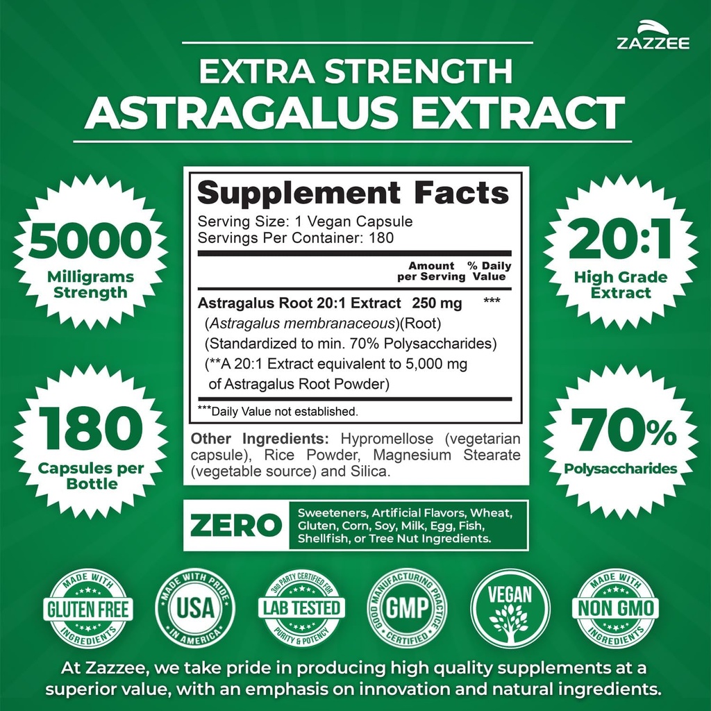 Zazzee Extra Strength Astragalus Root 20:1 Extract, 5000 mg Strength, 70% Polysaccharides, 180 Vegan Capsules, 6 Month Supply, 100% Vegetarian, Standardized and Concentrated 20X Extract, Non-GMO 3