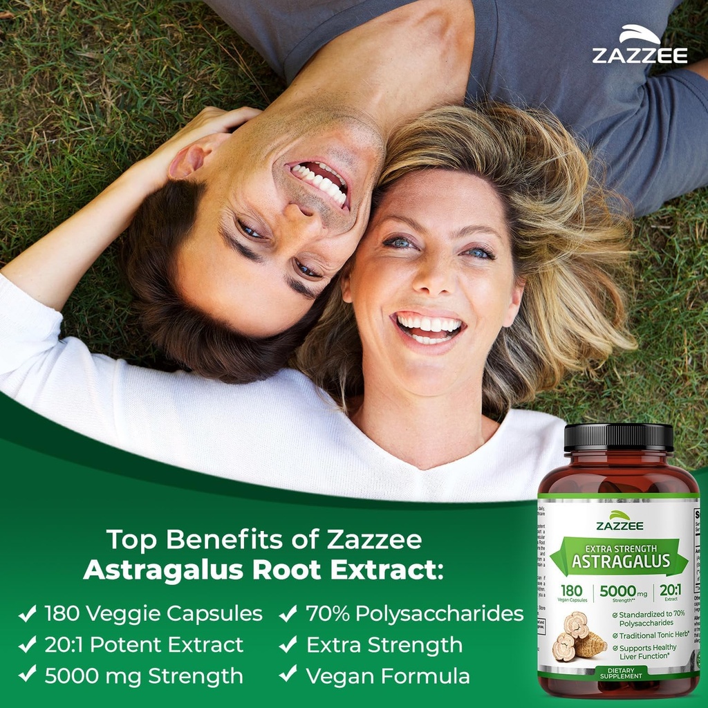 Zazzee Extra Strength Astragalus Root 20:1 Extract, 5000 mg Strength, 70% Polysaccharides, 180 Vegan Capsules, 6 Month Supply, 100% Vegetarian, Standardized and Concentrated 20X Extract, Non-GMO 4