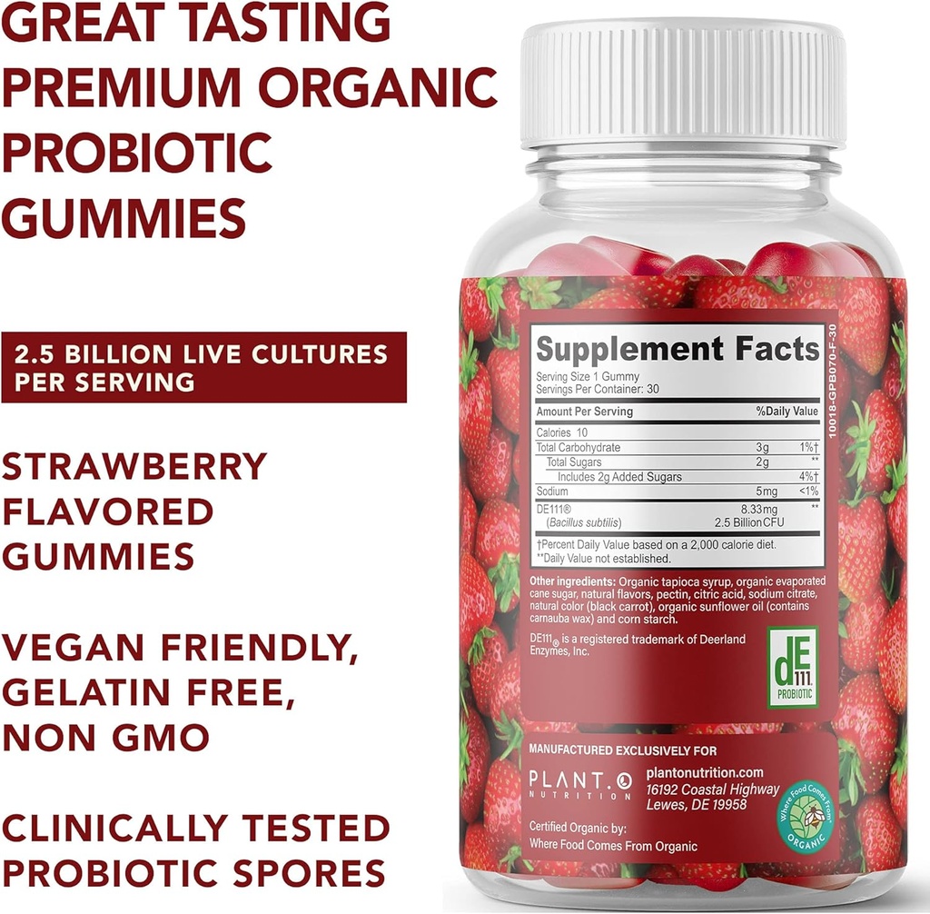 Plant.O Organic Probiotic Gummies for Women, Men & Kids [5 Billion CFUs USDA Certified] Help Support Digestion, Bloating, Constipation & Immune System, Strawberry Flavor, 30 Chewable Probiotics 3