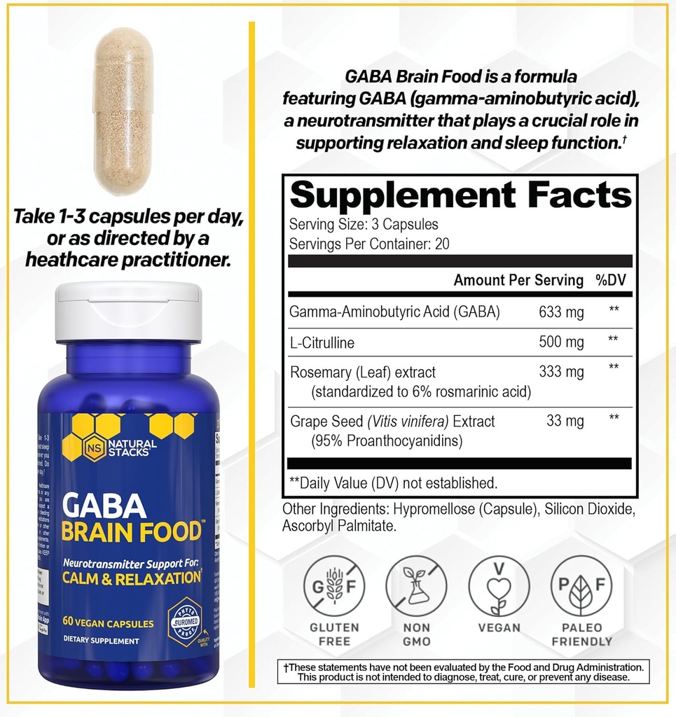 GABA Brain Food - GABA Supplement with L-Citrulline & Grape Seed Extract - Supports Calm & Relaxation - Nighttime Sleep Aid - Supports Production of Gamma Aminobutyric Acid - 60 L-Citrulline Capsules 4
