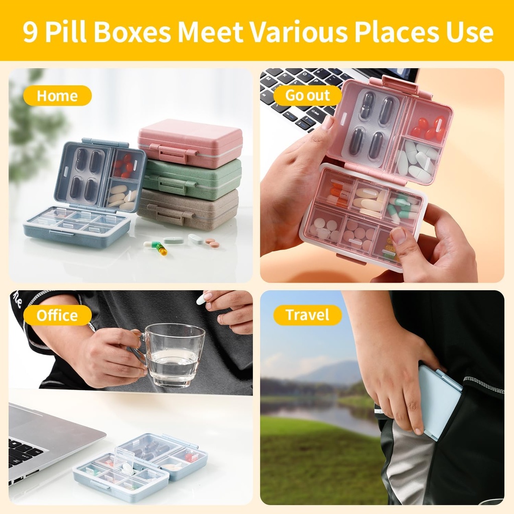 2 Pack 9 Compartments Travel Pill Organizer Box Moisture Proof Small Pill Case for Pocket Purse Daily Pill Holder Container for Medicine Vitami 6
