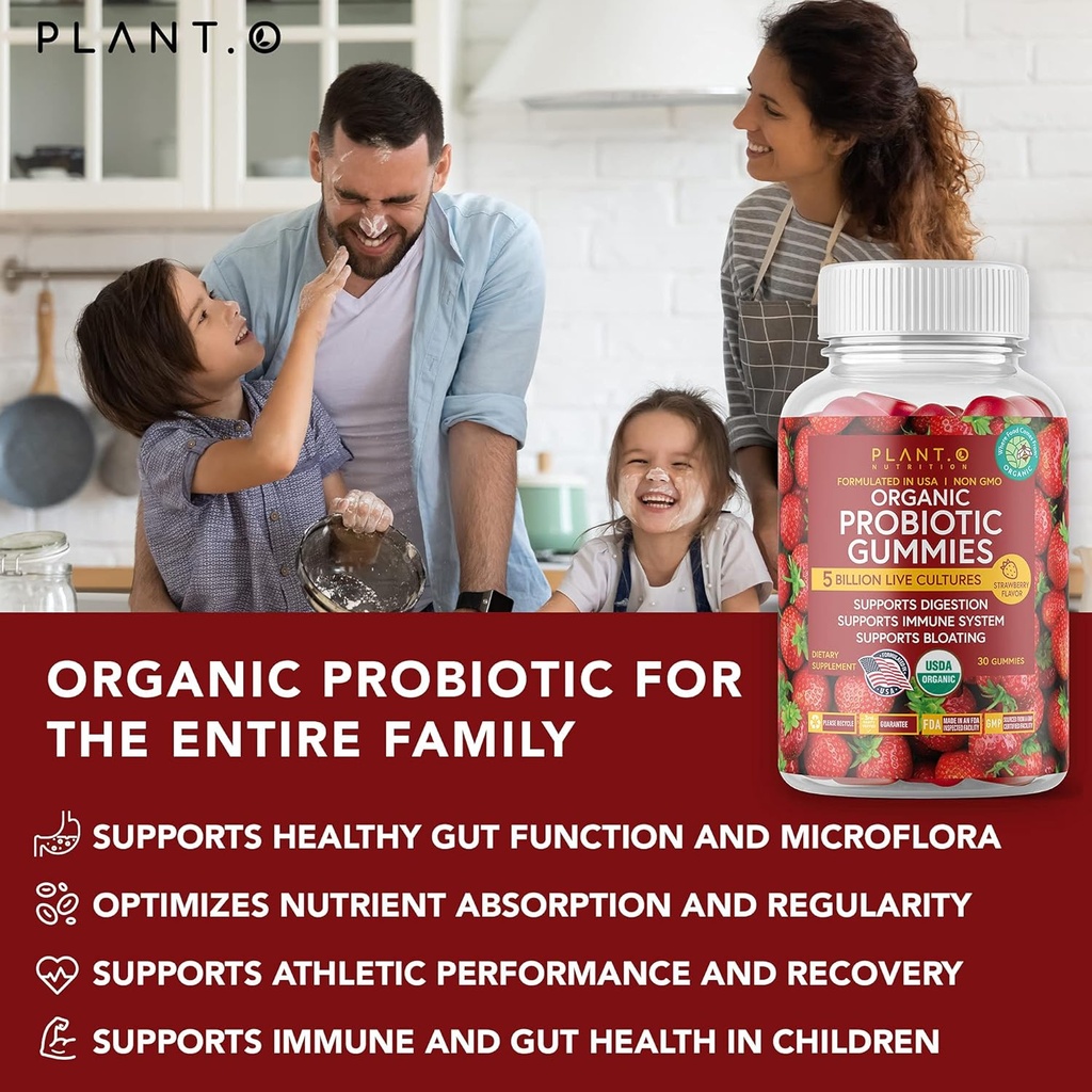 Plant.O Organic Probiotic Gummies for Women, Men & Kids [5 Billion CFUs USDA Certified] Help Support Digestion, Bloating, Constipation & Immune System, Strawberry Flavor, 30 Chewable Probiotics 5