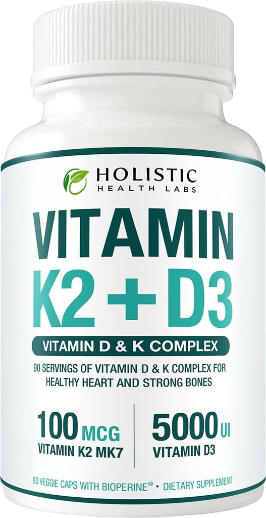 Max Absorption Vitamin K2 + D3 (5000IU) 90 Veggie Capsules from MK-7 (Menaquinone-7) and Cholecalciferol (with BioPerine) 3-Months Supply – D3 with K2 for Healthy Heart and Strong Bones | Non-GMO 5