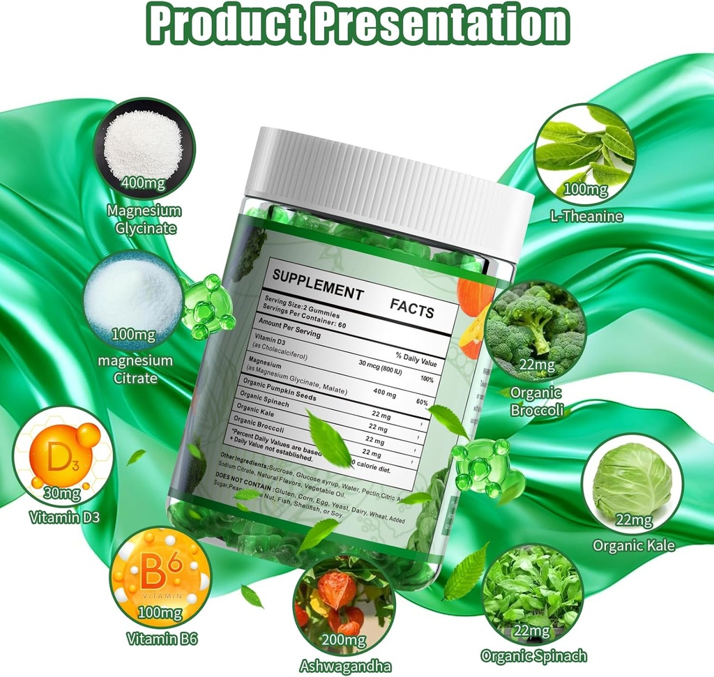 Magnesium Glycinate Gummies 400mg Supplements with Magnesium Malate & Taurate | Vitamin D3 Spinach | Kale | Broccoli 3