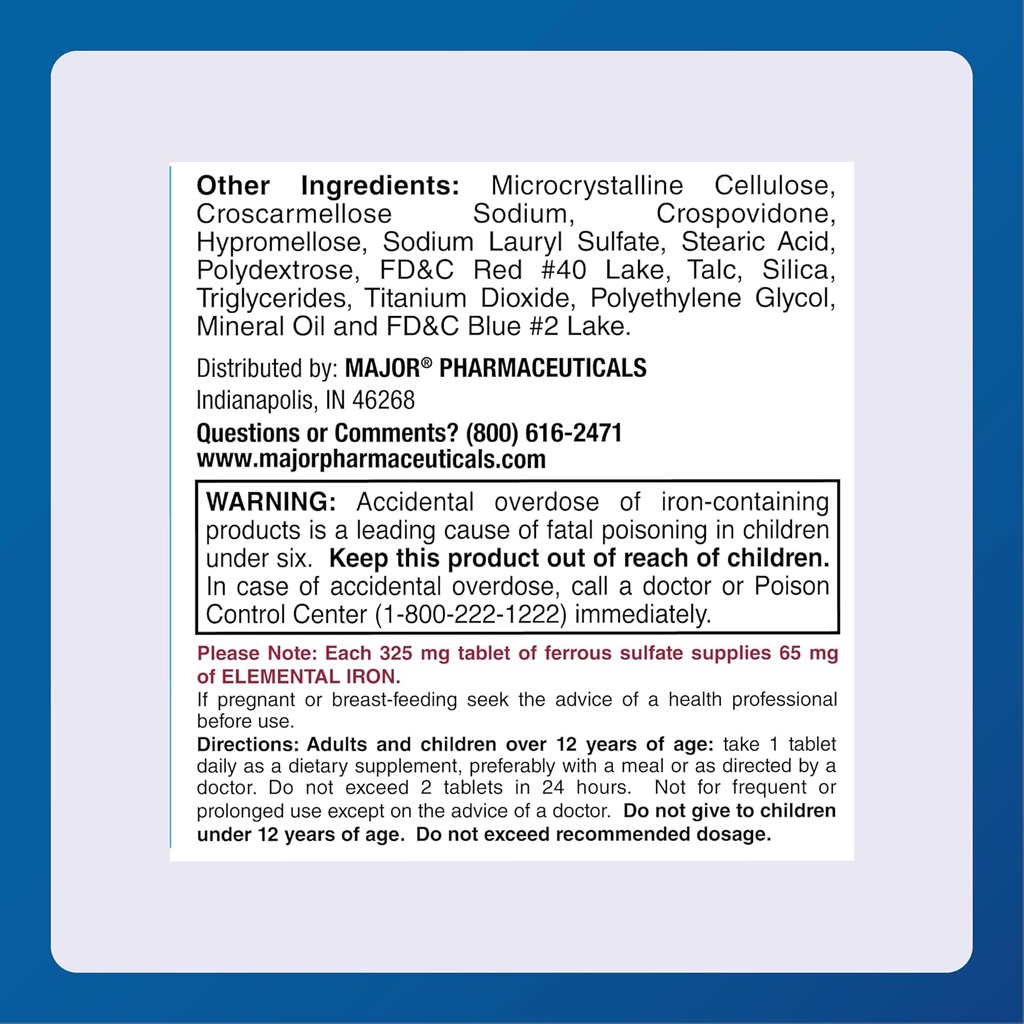 Major FeroSul - Ferrous Sulfate 325 mg Tablets - Iron Supplement for Women and Men - Specially Coated Easy-to-Swallow Tablets - Red - 1000 Count 6