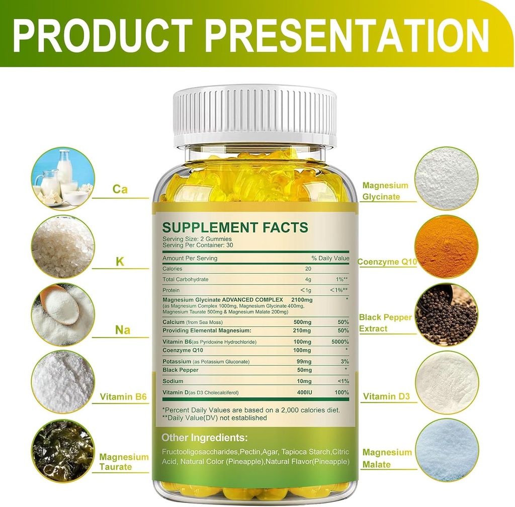 Magnesium Glycinate Gummies 400mg, Sugar Free Magnesium Taurate, Malate Supplement with Vitamin D, B6, CoQ10 for Relaxation, Stress Relief, Muscle, Bone & Sleep Support- 60 Pineapple Gummies 4