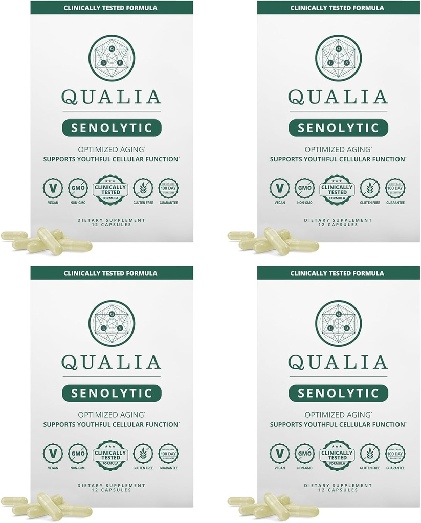 Qualia Life Sciences Qualia Senolytic Ultimate Formula for Enhanced Cell Repair&Rejuvenation 2-Day Aging&Longevity Support Regimen w. Fisetin,Quercetin, Piperlongumine,Senactiv,Curcumin(Pack of 4) 2