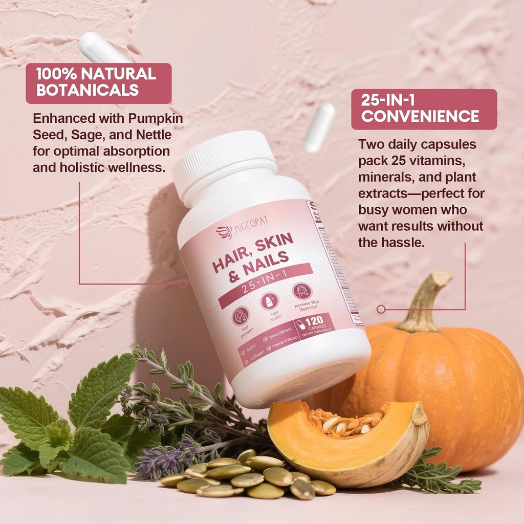 Hair Skin and Nails Vitamins with Biotin, Collagen & Hyaluronic Acid, Supports Healthy Hair Growth, Strong Nails & Glowing Skin, Biotin Supplement with Vitamins A, C, D3, E, B Complex & Minerals 6