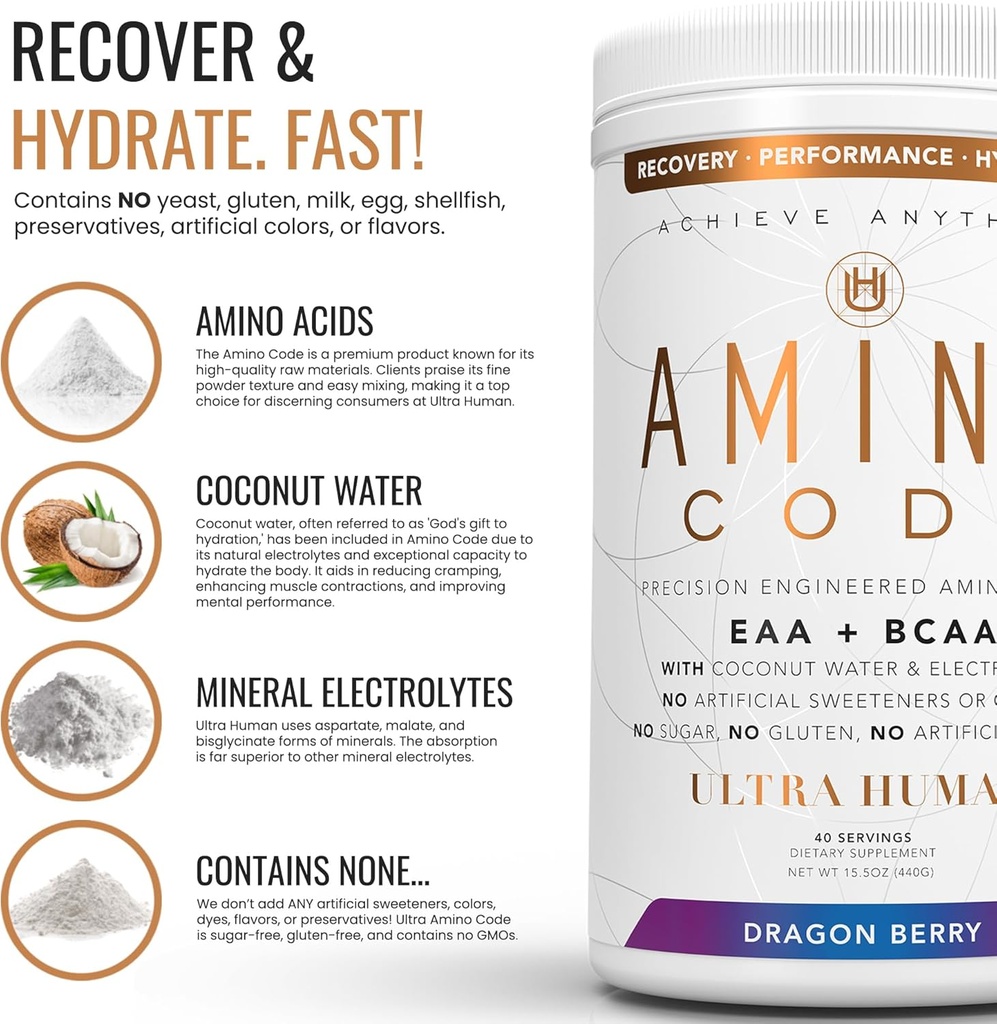 Ultra Human Amino Code | Essential Amino Acids + BCAAs + Coconut Water Electrolytes | Fast Hydration Workout Recovery Flavored Amino Energy Powder Drink | Clean Formula, 40 Servings - Dragonberry 5