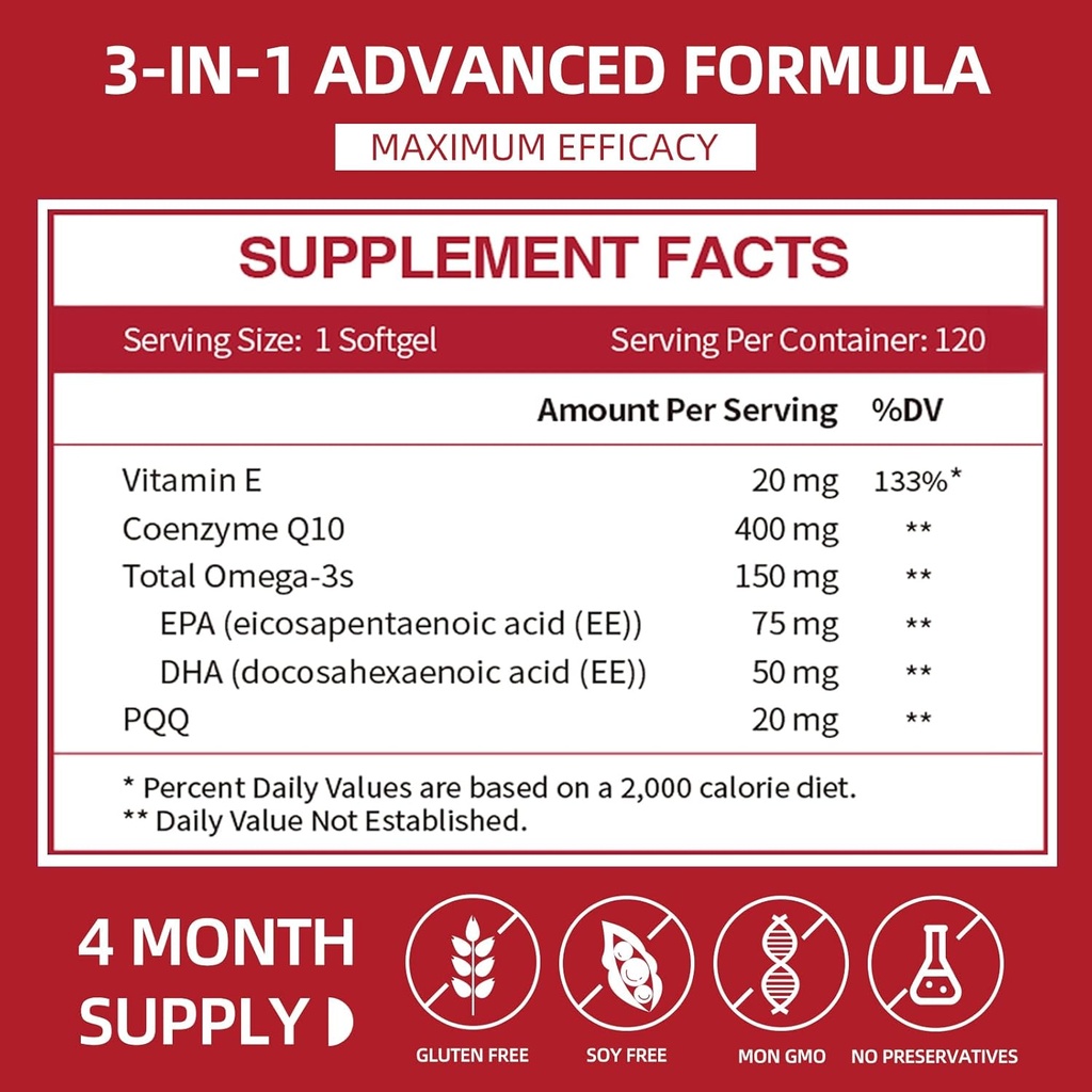 CoQ10-400mg-Softgels with PQQ & Omega 3, Maximum Absorption Coenzyme Q10, Powerful Antioxidant for Heart Health & Energy Production, 120 Count, Non-GMO 3