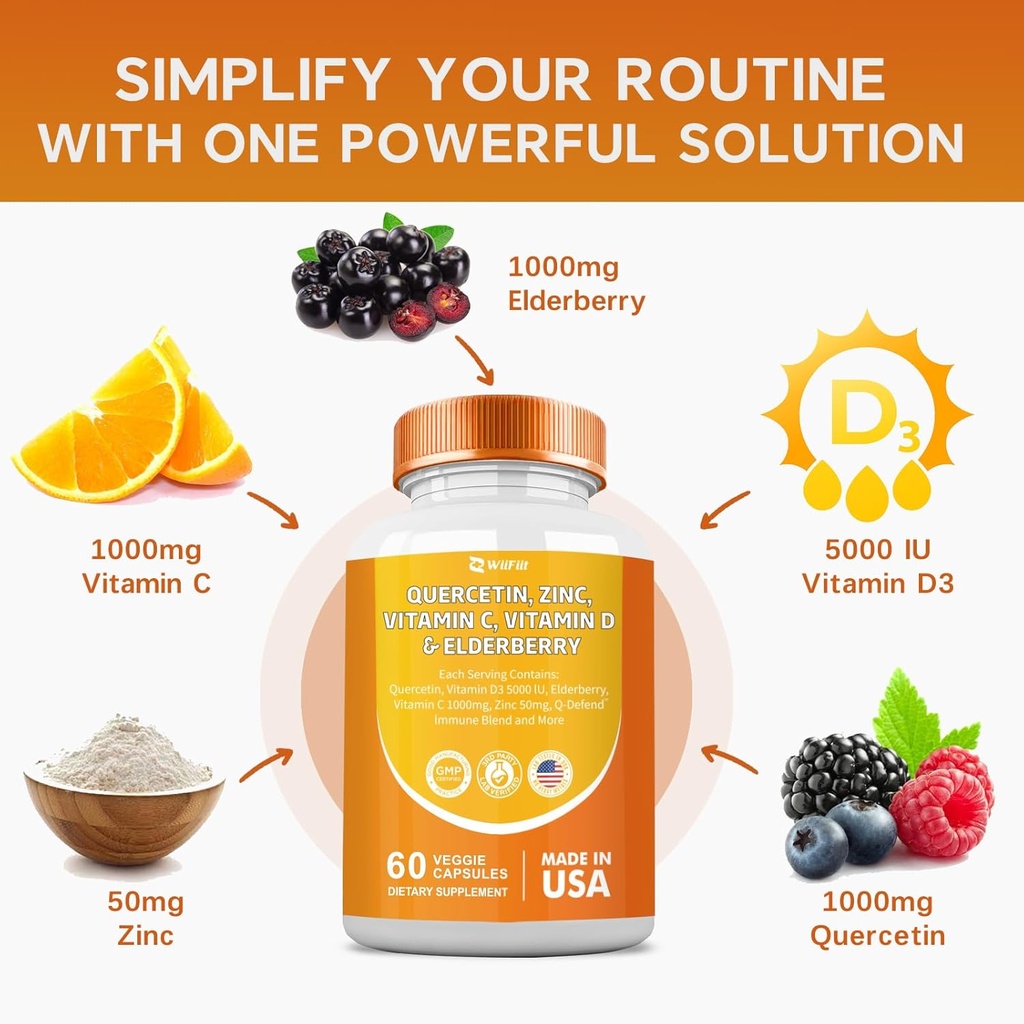 Quercetin 50 mg Zinc 1000 mg Vitamin C 5000 IU Vitamin D3 1000 mg Turmeric 1000 mg Elderberry with Q-Defend Immune Blend Reisshi Nettle Arteemisinin, Non-GMO, Mineral Supplements,60 Capsules 4