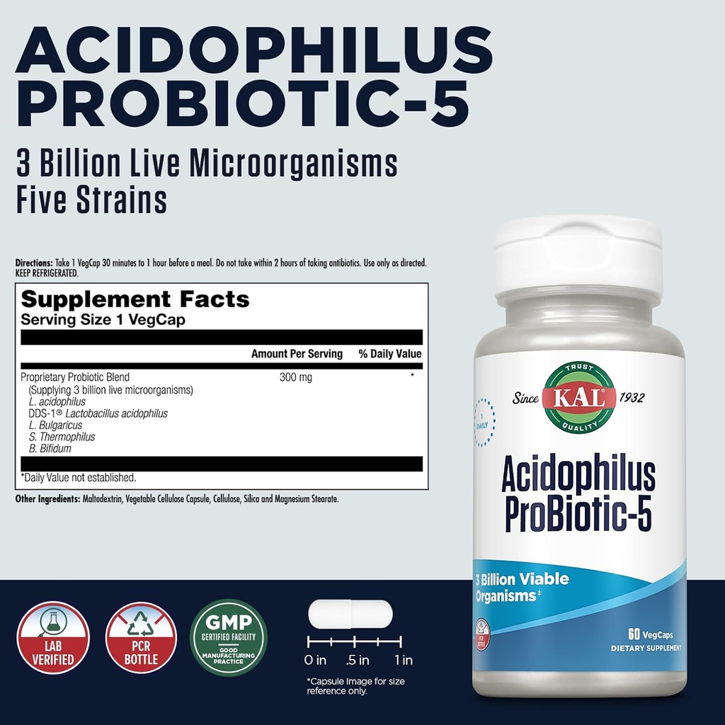 KAL Acidophilus Tablets, Probiotic-5 Capsules, 3 Bil, 60 Count 3